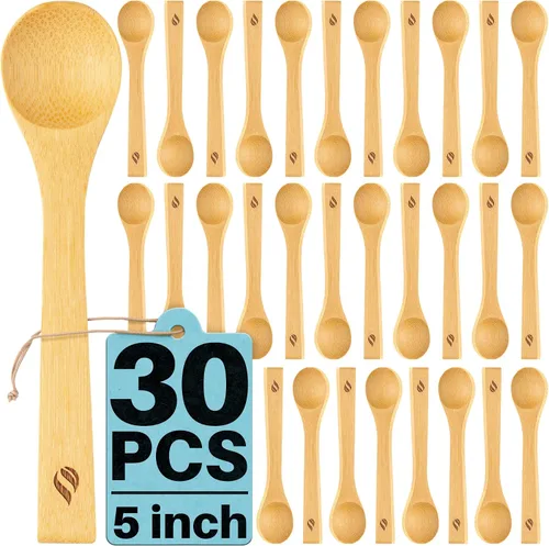 Miniatura 10 de Juego de cucharas de bambú (5 unidades), cucharaditas de cocina pequeñas, pequeñas cucharas de madera perfectas para azúcar, especias, condimentos