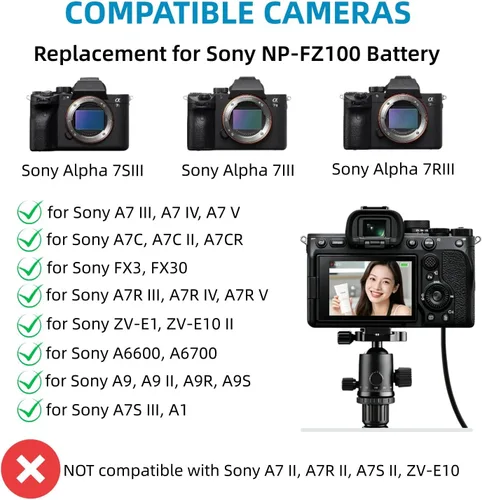 Miniatura 2 de Kit de adaptador de fuente de alimentación AC de batería falsa Kimaru NP-FZ100 para cámaras Sony Alpha A6600 A6700 ZV-E1, FX3 FX30 A7CII ZV-E10II