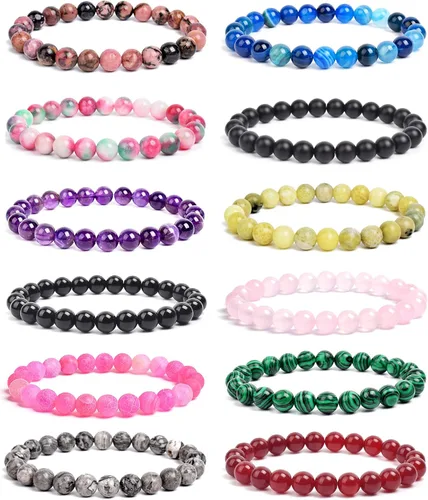 BOMAIL Juego de 12 pulseras de piedras semipreciosas de 0.315 pulgadas (0.315 in), pulseras elásticas de cristal curativo para mujeres y hombres