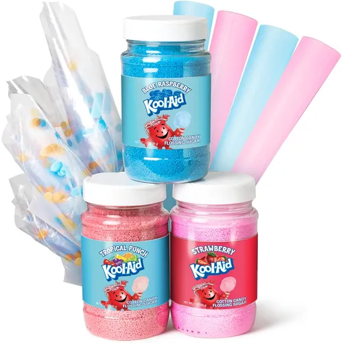 Miniatura 11 de Nostalgia Kool-Aid - Kit variado de algodón de azúcar – 3 sabores de azúcar de hilo dental (frambuesa azul, fresa, ponche tropical) – Botellas de 7