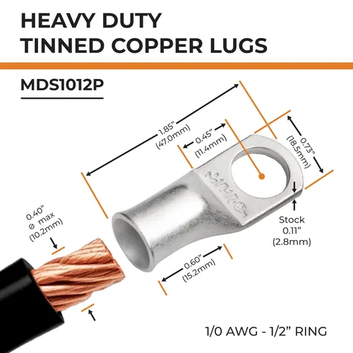 Miniatura 2 de SELTERM 5 piezas terminales de cable de cobre estañado 1/0 AWG perno de 1/2", extremos de cable de batería, terminales de anillo, conectores