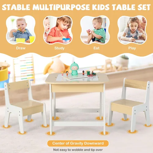 Miniatura 4 de HONEY JOY Juego de mesa y silla para niños, mesa de actividades de madera 3 en 1 y 2 sillas para manualidades artísticas, pizarra reversible, 3