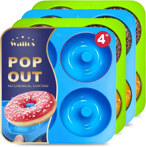 Walfos Molde de Silicona para Donas de Tamaño Completo para Hornear - Juego de Sartén de Silicona para Donas de 4 Pulgadas de Tamaño Grande para 4
