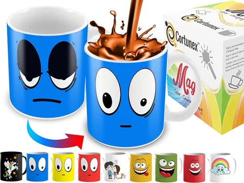 Cortunex Taza que Cambia con el Calor - Taza de Café de Cerámica de 11 Oz que Cambia de Color con una Divertida Cara Sonriente Azul Adormecida -