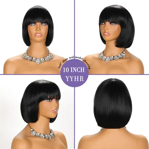 Miniatura 4 de YYHR Peluca corta estilo Bob con flequillo de 10 pulgadas, pelucas de cabello sintético lacio Yaki claro, pelucas cortas de corte Bob negro con 1b