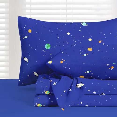 Miniatura 2 de Wake In Cloud - Sábanas espaciales para niños, 100% algodón, juego de sábanas de 4 piezas para niños, Galaxy Celestial, estrellas, cohetes