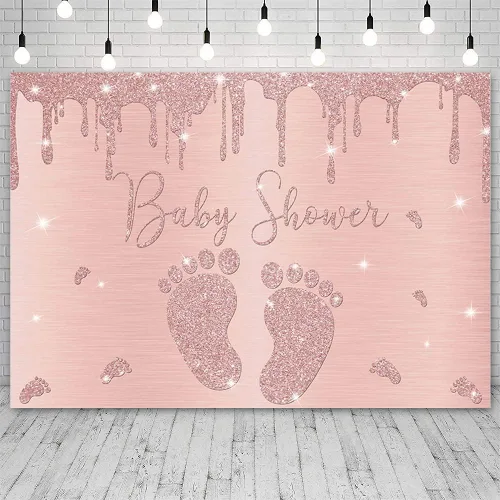 Miniatura 2 de Telón de fondo para baby shower de niña de oro rosa de 7 x 5 pies, con purpurina y pequeña huella, decoración de fiesta de princesa rosa, pancarta