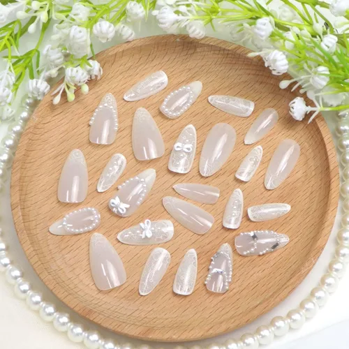 Miniatura 5 de Uñas postizas medianas a presión de almendra, con lazo 3D, perlas y diamantes de imitación, diseños de flores, uñas adhesivas, uñas acrílicas
