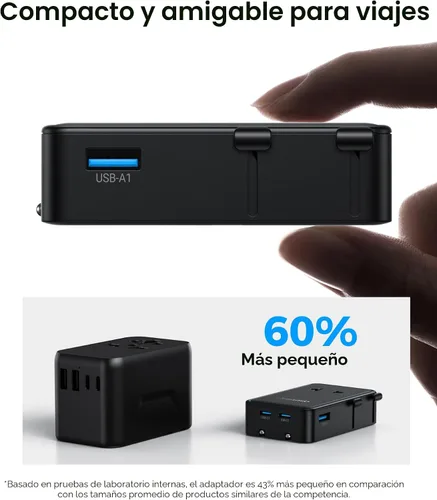 Miniatura 5 de Mini adaptador de viaje, diseño ultrafino 2026: adaptador de corriente PD de 25 W de 4 puertos con 1 CA, 1 USB-A y 2 puertos USB-C, control