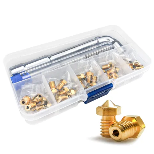 Miniatura 16 de MK8 Boquillas 25 piezas de extrusoras de impresora 3D de 0.016 in, boquillas de latón CR-10 Boquilla con herramientas de bricolaje y una caja