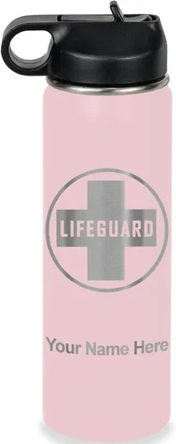 Miniatura 70 de LaserGram Botella de agua personalizada, salvavidas, acero inoxidable de doble pared aislada al vacío con popote superior, regalo grabado Negro