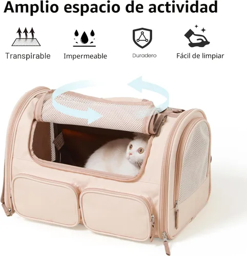 Miniatura 2 de Transportador FUKUMARU para gatos, transportador para perros pequeños con 4 ventanas de malla, bolsa de viaje para gatos con 4 bolsillos de Rosa
