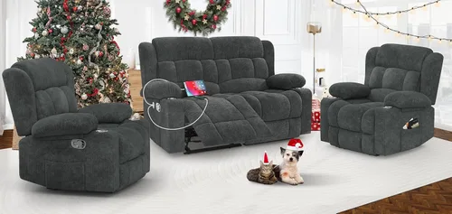 Miniatura 12 de Juego de Sofá Reclinable de Dos Plazas con 2+1 Piezas, Sillón Reclinable Minimalista de 2 Plazas con Pestaña de Tirón Manual, Tela con Puertos