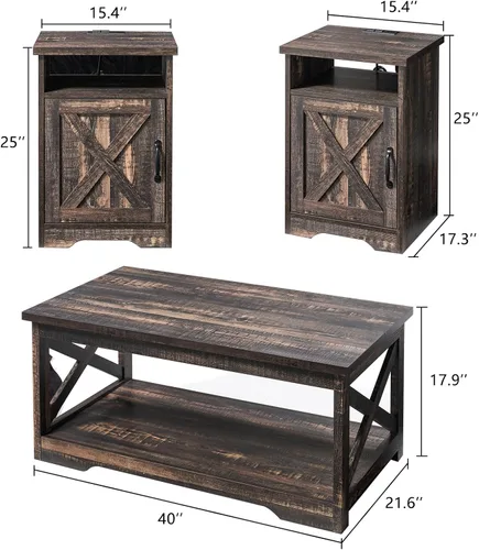 Miniatura 2 de AMERLIFE Juego de mesa de granja de 3 piezas incluye mesa de centro y dos mesas auxiliares, mesa lateral con estación de carga y puertos USB
