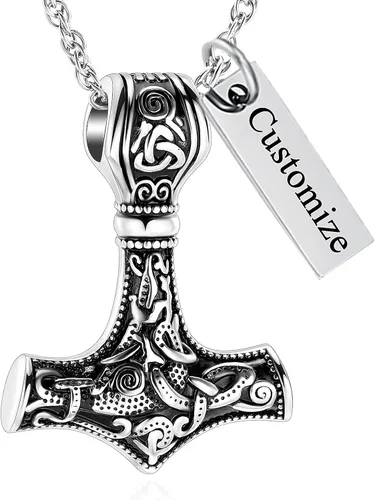 Miniatura 12 de shajwo Mjolnir Thors - Collar de urna de martillo para cenizas para hombres, celta, nórdico, vikingo, joyería de cremación para mujer, recuerdo