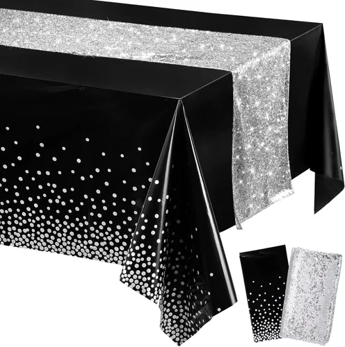 Miniatura 8 de Irenare Juego de Mantel y Camino de Mesa con Lentejuelas, Diseño de Lunares y Confeti, Cubierta de Mesa de Plástico con Purpurina, Decoraciones