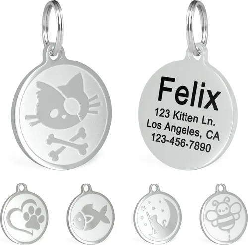 Miniatura 16 de Ultra Joys Etiquetas de nombre de gato grabadas personalizadas – Etiqueta de identificación de mascotas de acero inoxidable – Etiquetas