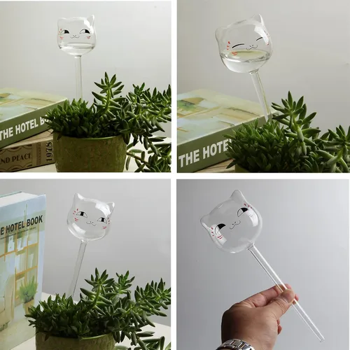 Miniatura 2 de Paquete de 3 globos de riego automático para plantas, lindos gatos transparentes, mini bombillas de cristal transparente para interiores
