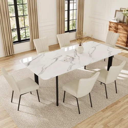 Miniatura 17 de HIPIHOM Mesa de comedor extensible para 6-8 personas, mesa rectangular de 63 a 78.7 pulgadas, MDF blanco con patas de metal resistentes, ahorro