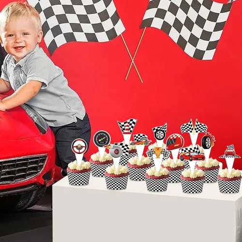 Miniatura 5 de 48 paquetes de toppers y envolturas de cupcakes de coche de carreras, decoración de pastel de fiesta de carreras con temática de carreras y cuadros