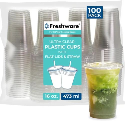 Miniatura 8 de Freshware Vasos de plástico desechables transparentes de 12 onzas con tapas planas y popotes, paquete de 100 vasos de plástico transparente, vasos