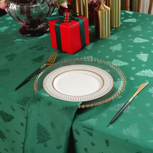 Miniatura 4 de Honellaty Mantel Verde de Navidad, Tela Jacquard con Patrón de Árbol de Navidad Mantel Rectangular, Mantel de Damasco para Mesas Rectangulares