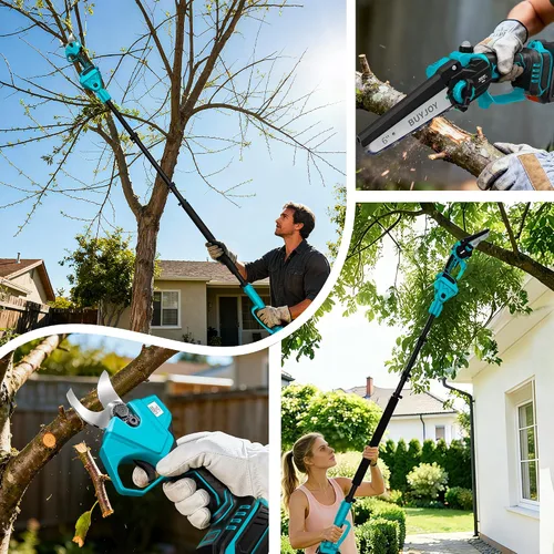 Miniatura 2 de Sierra de poste 4 en 1 y tijeras de podar eléctricas, podadora inalámbrica de 1.4 pulgadas de diámetro de corte, motosierra de 6 pulgadas para podar