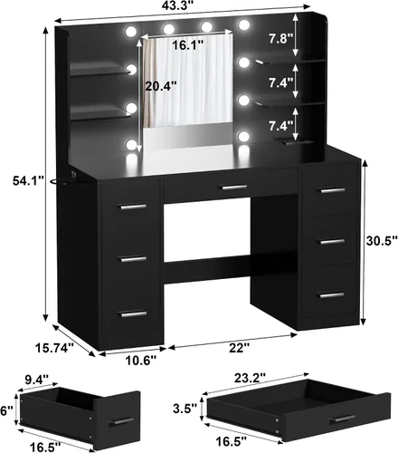 Miniatura 2 de Escritorio de maquillaje con espejo y 10 luces, mesa con 7 cajones y 4 estantes abiertos, 3 modos de color y brillo ajustable, estación de carga