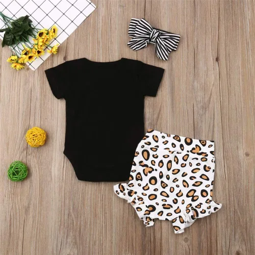 Miniatura 3 de DuAnyozu Conjunto de 3 piezas de ropa para bebés y niñas, lindo mameluco con estampado de leopardo, pantalones cortos de verano
