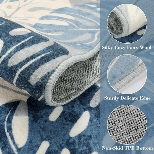 Miniatura 2 de Wonnitar Leaf - Alfombra de cocina de 2x3 pies, alfombra azul pequeña para baño, alfombra decorativa lavable para mesita de noche, planta