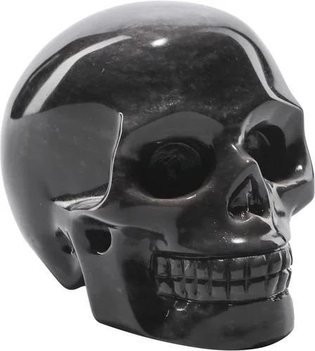 Miniatura 10 de Cabeza de calavera de cristal de obsidiana negra natural de 5 pulgadas, tallada a mano, estatua de piedra curativa de Reiki, decoración de sala