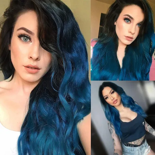 Miniatura 2 de Tseses Pelucas largas y onduladas de color azul degradado para mujer, pelucas de cabello sintético con raíces oscuras, cosplay, fiesta de Halloween