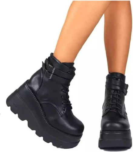 Miniatura 2 de UOQAPRE Botas de combate de tacón alto para mujer, con puntera cuadrada, con cordones, botines de plataforma gruesa con plataforma gruesa