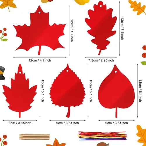Miniatura 2 de BBTO 50 hojas de otoño coloridas hojas de rascar con cintas y lápiz capacitivo de madera para fiesta de cosecha de Acción de Gracias (rojo)