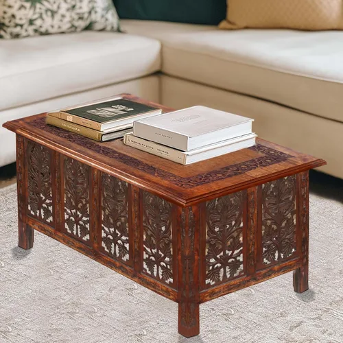 Miniatura 2 de COTTON CRAFT Mesa de centro de madera maciza, mesa central tallada a mano con patas plegables, mesa decorativa para sala de estar, espacios