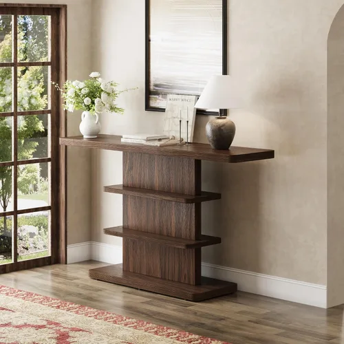 Miniatura 11 de Mesa consola de 57 pulgadas para entrada, moderna mesa de sofá, mesa de sofá rústica con diseño de patas cruzadas, mesa de chapa de acacia