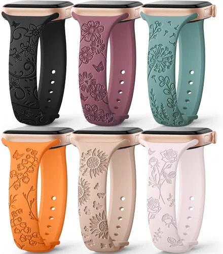 Miniatura 16 de AMSKY Paquete de 6 correas delgadas con grabado floral compatibles con Apple Watch Band 1.575 in 1.614 in 1.654 in 1.496 in 1.732 in 1.772 in 1.811