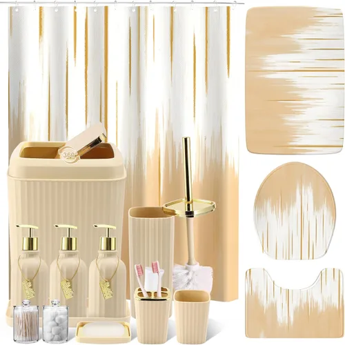 Miniatura 58 de 21PCS Bathroom Sets with Shower Curtain and Rugs Bathroom Accessories Set Beige Bathroom Set Complete with Trash Can, Toilet Brush, Qtip Holder &