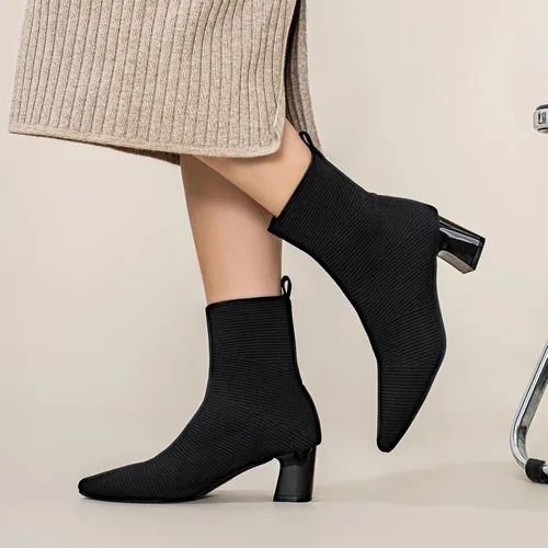 Miniatura 3 de Women's Ankle Boots Comfortable Pointed Toe Breathable Sock Knit Low Heel Fall Work Office Booties