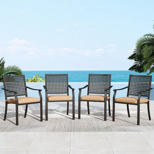 Miniatura 15 de MFSTUDIO Juego de 2 sillas de comedor al aire libre, sillas de metal para patio, sillas de comedor de hierro forjado negro con cojín para terraza