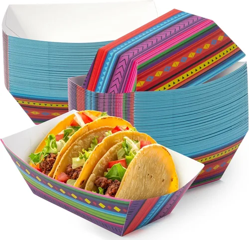 Miniatura 7 de Bandejas de comida Mexican Taco Nights – 50 bandejas montadas en barco de tacos, soporte para pollo frito, platos de papel desechables, suministros
