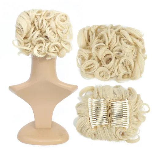 SWACC Extensión de moño de cabello rizado corto y desordenado, fácil de estirar, peines para el cabello, extensión de cola de caballo con clip,