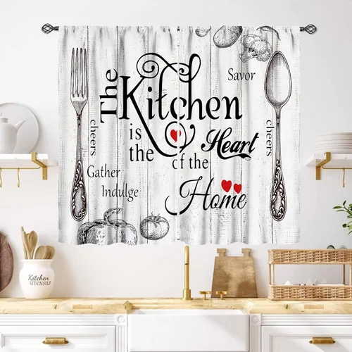 Cortinas Rústicas de Cocina, Tenedor Cuchara Retro Tablón de Madera Granja País Tema de Cocina Citas Divertidas Tratamiento de Ventana para