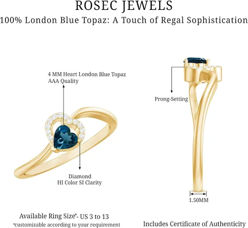 Miniatura 15 de Anillo de derivación de corazón con topacio azul natural de Londres, calidad AAA, joyería de promesa para ella