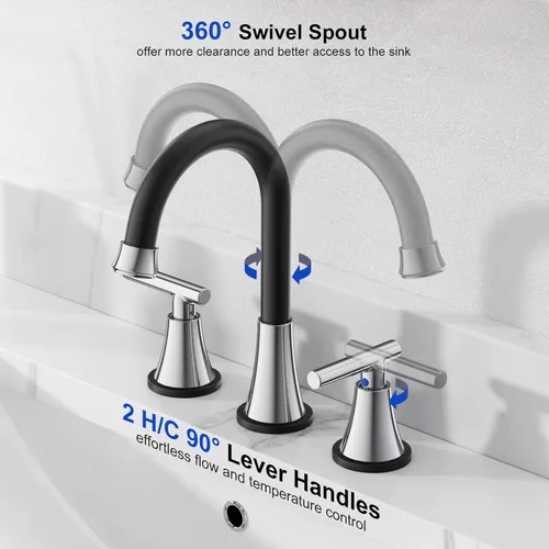 Miniatura 3 de Grifos de baño para lavabo de 3 agujeros, Hurran grifo negro y cromado para lavabo de baño con desagüe emergente y líneas de suministro, grifo