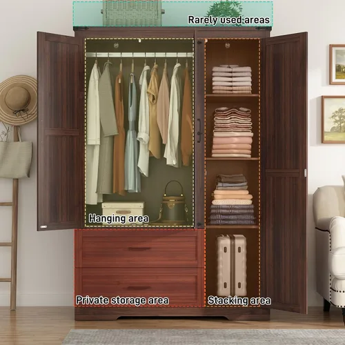 Miniatura 4 de St.Mandyu Armario Ropero de Granja con 3 Puertas y 2 Cajones, Gabinete de Almacenamiento de Ropa de Madera de 70.1", Armario Ropero Independiente