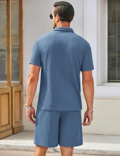 Miniatura 3 de COOFANDY - Conjunto de polo y pantalones cortos de punto acanalado para hombre, 2 piezas, atuendo de verano, traje casual deportivo con bolsillos