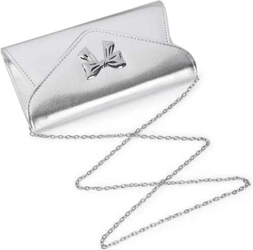 Miniatura 3 de Gurina Bolso de mano de noche con detalle de lazo, elegante bolsa de fiesta de piel sintética brillante con cadena desmontable para boda y baile