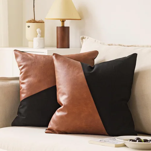 Juego de 2 fundas de almohada de lino de patchwork de cuero sintético negro, fundas de almohada decorativas modernas y minimalistas para sofá, sala