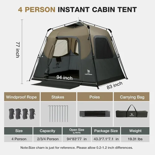 Miniatura 3 de CAMEL CROWN 4/6 Person Instant Cabin Tent, Pop Up Windproof Tents for Camping, 60-Second Setup Family Tent with Carry Bag for Outdoor Hiking Marrón